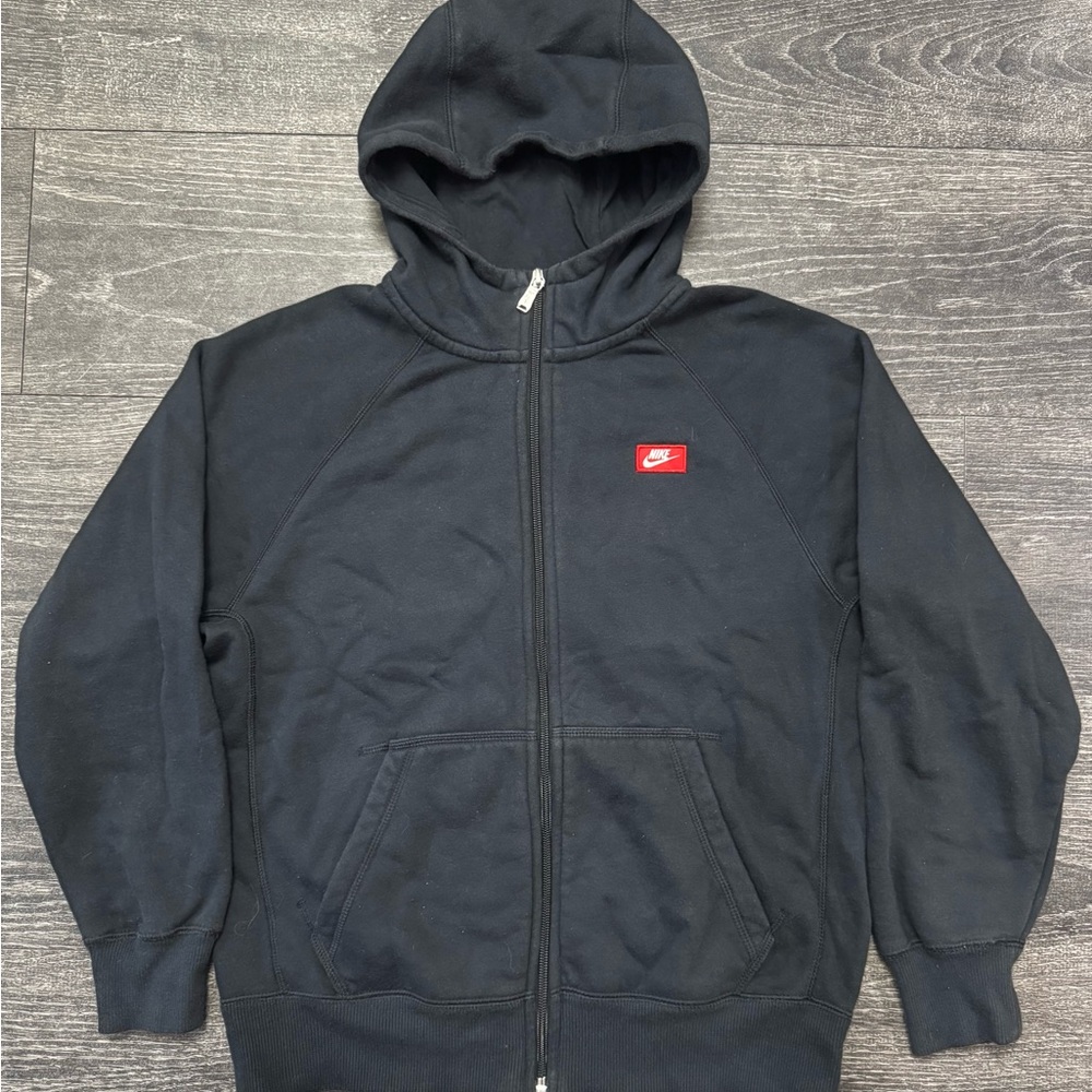 Nike black zip-up hoodie front embroidered logo and back print logo swoosh nike